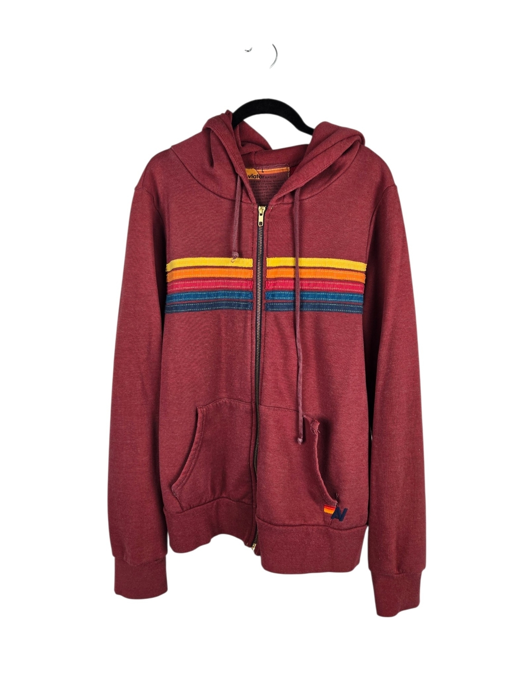 Aviator Nation Rainbow Stripe Zip Hoodie Cotton Burgundy Large